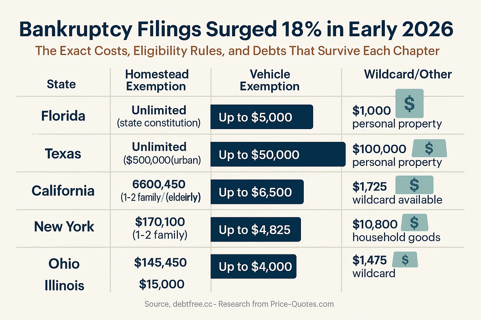 Bankruptcy Filings Surged 18% in Early 2026 — The Exact Costs, Eligibility Rules, and Debts That Survive Each Chapter - Data Visualization